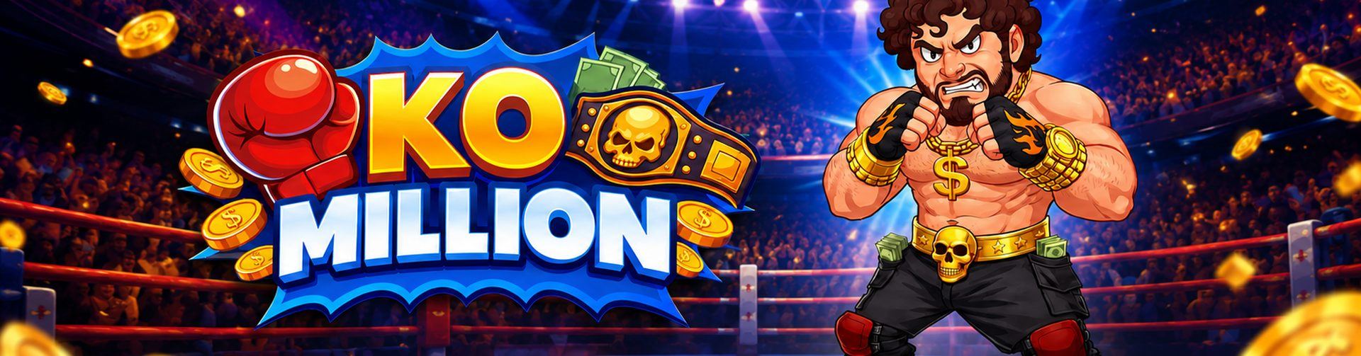 Banner del juego KO Million de InOut Games: boxeador en guardia sobre un ring de arena bajo una lluvia de monedas de oro