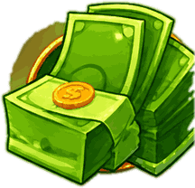 Fajos de billetes verdes y moneda de oro del juego KO Million